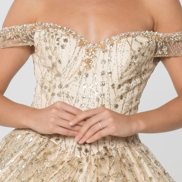 NEW CUT AWAY SHOULDER SLEEVELESS EMBROIDERED BALL GOWN WITH LACE UP BACK GL2831 - Picture 6 of 7